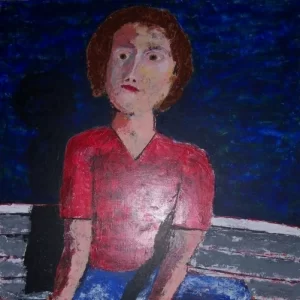 Painting by Chris Dale of a woman by herself sitting about jigging for fish.
