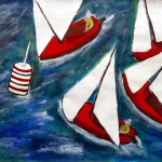 Paintings by Chris Dale of red boats racing around a buoy.