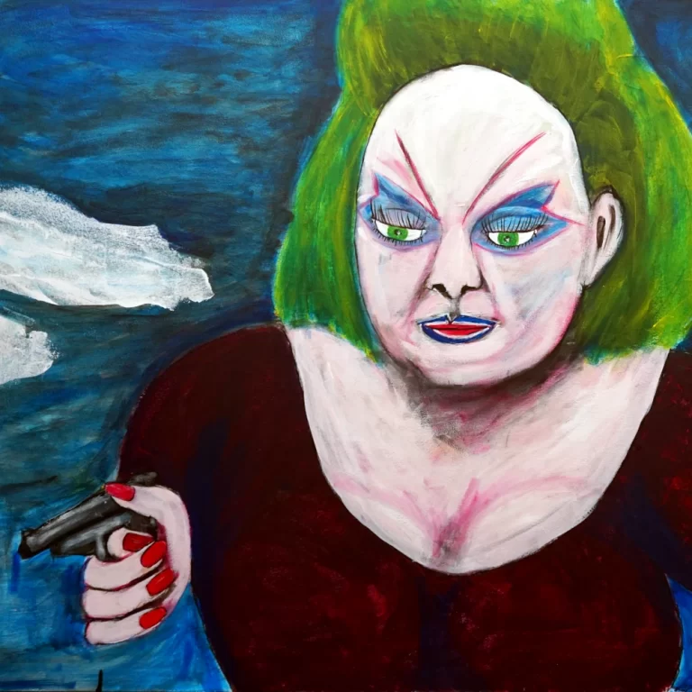 Painting of Divine in Pink Flamingos wearing a red dress and big hair holding a gun.