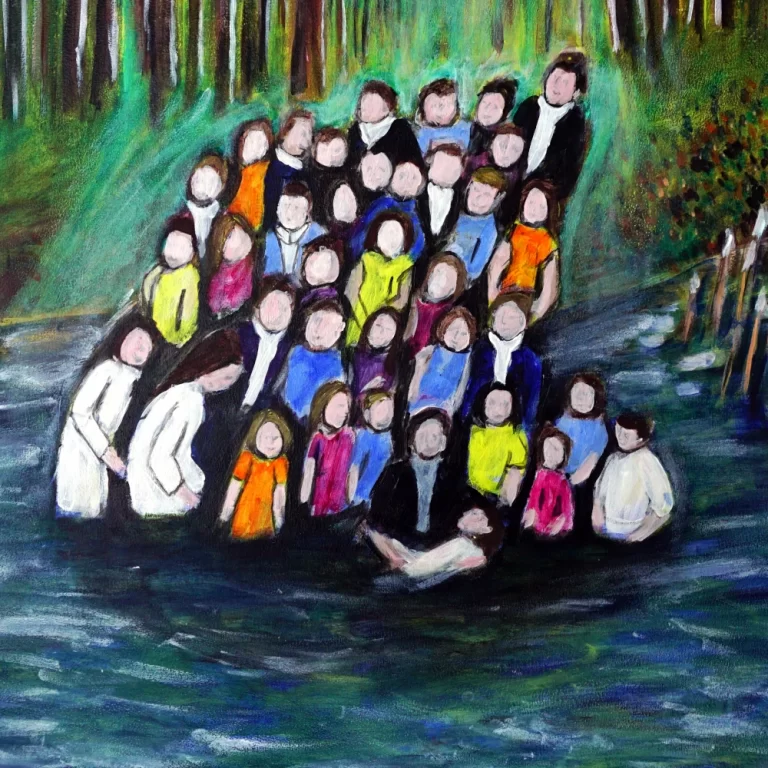 Painting by Chris Dale of baptisms by the river in the forest.