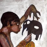 Painting of a Josephine Baker looking at an elephant cutout.
