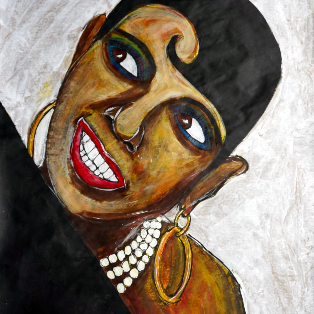 Painting of a Josephine Baker with a black curl in the middle of her forehead.