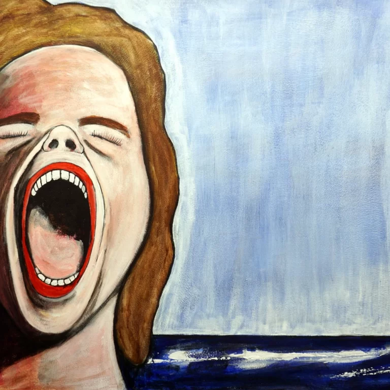 Painting by Chris Dale of a woman screaming at the land from the shoreline