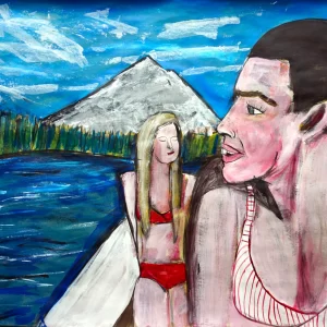 Painting by Chris Dale of two women on a lake with a mountain at their back.