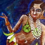 Painting of a Josephine Baker wearing a banana skirt, palm facing upwar