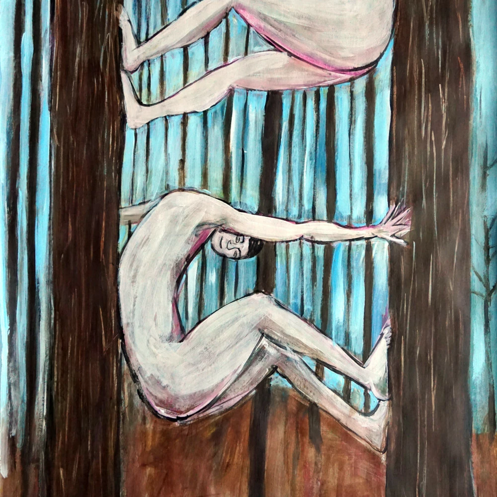 Painting of two naked bodies wedged between two trees.