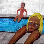 Painting by Chris Dale of two people with dark suntans in a swimming pool.