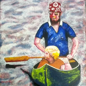 Painting by Chris Dale of a man with a flowered hat with a child in a paddling a green canoe.