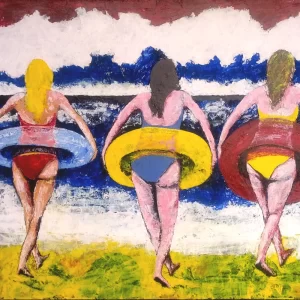 Painting by Chris Dale of three friends in bikinis with transparent coloured inner tubes bravely waiting into the ocean waves.