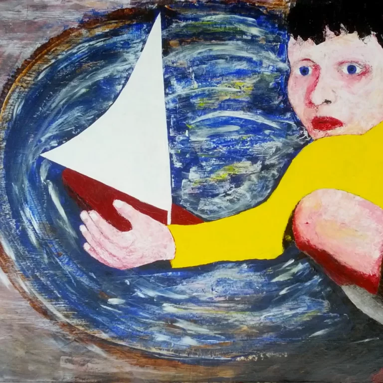 Painting by Chris Dale of a child playing with a boat in a puddle of water.
