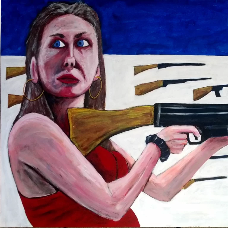 Painting of woman seeing whether an AR-15 gun will match her outfit.