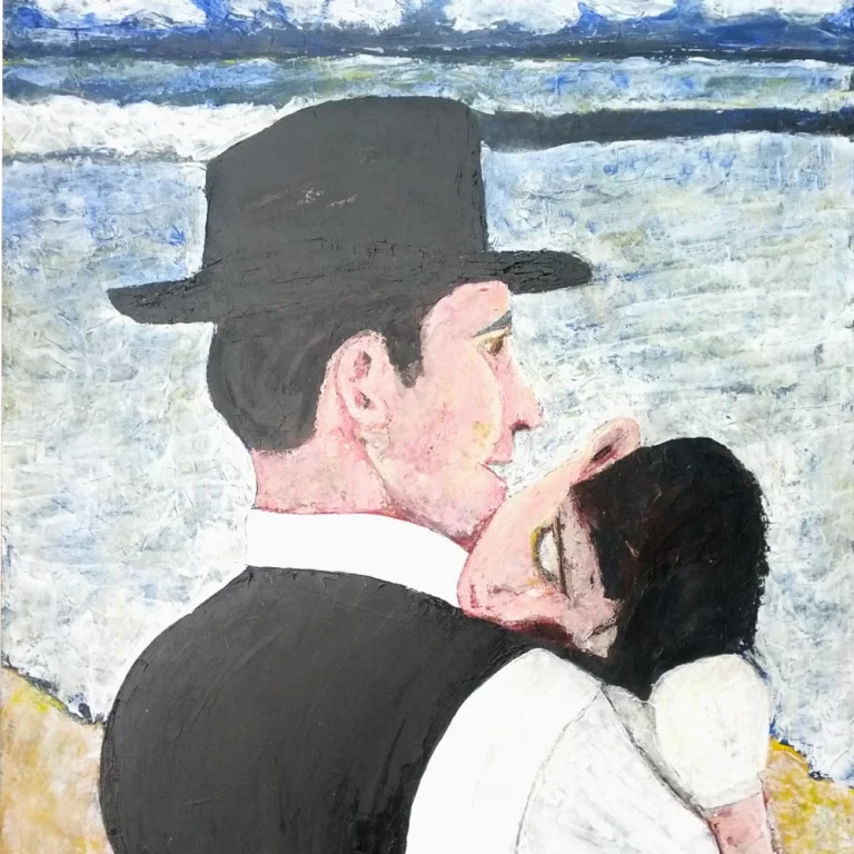 Painting by Chris Dale of father with sleeping child resting on his shoulder stand on the beach looking at the water.