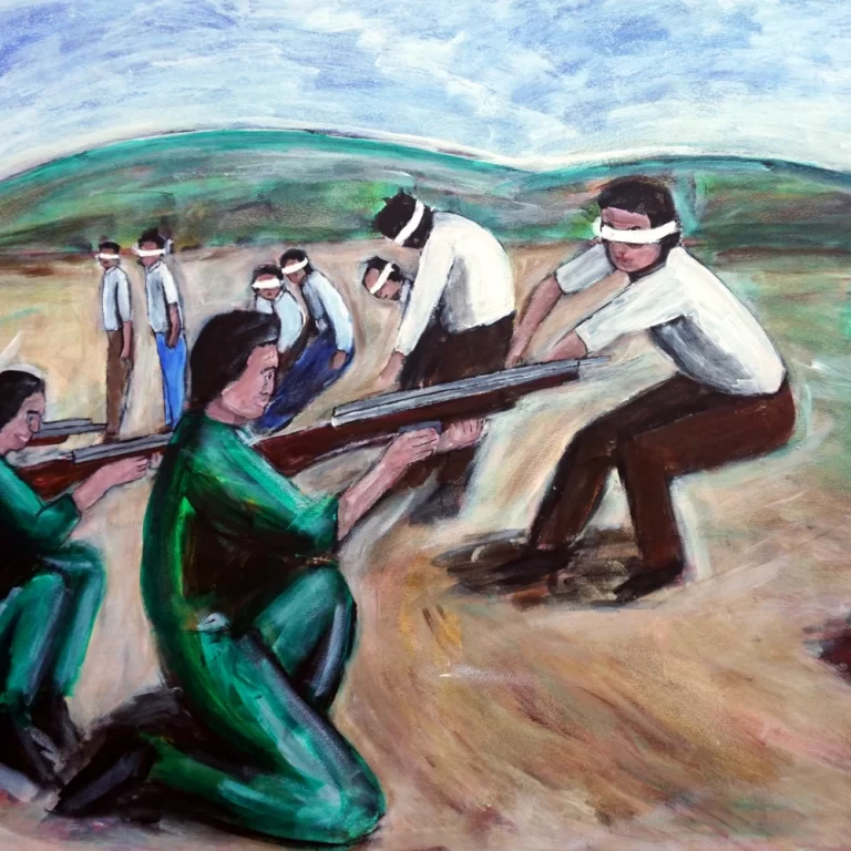 Painting of men with their shirts tucked in lined up in front of a firing squad.