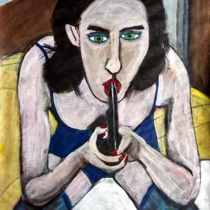 Painting of woman sitting on the bed with gun in mouth.