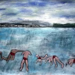 Painting by Chris Dale of people jumping into a lake on a summer's day, with a city on the far horizon.