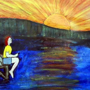 Painting by Chris Dale of someone sitting on the dock at sunset.