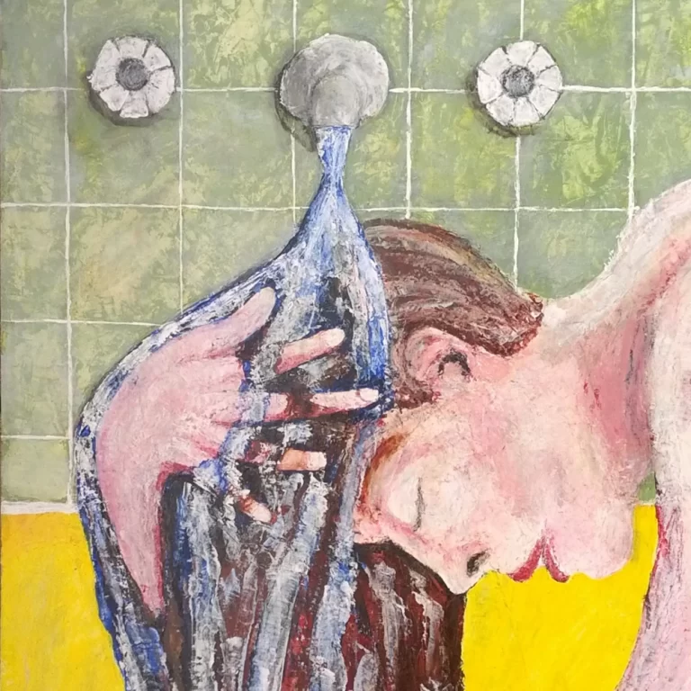 Painting by Chris Dale of someone washing their long hair in the bathtub underneath the faucet, fingers entangled in their wet hair.