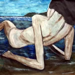 Painting by Chris Dale of person sitting on the shore as the waves wash over their naked body.