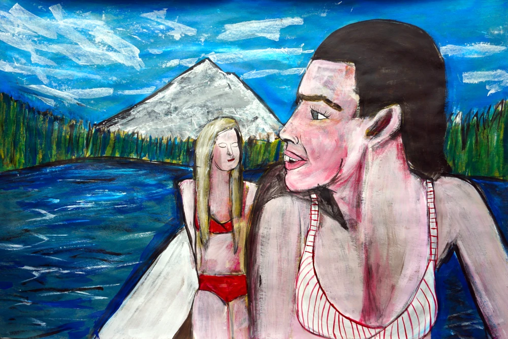Painting by Chris Dale of two women on a  lake with a mountain at their back.