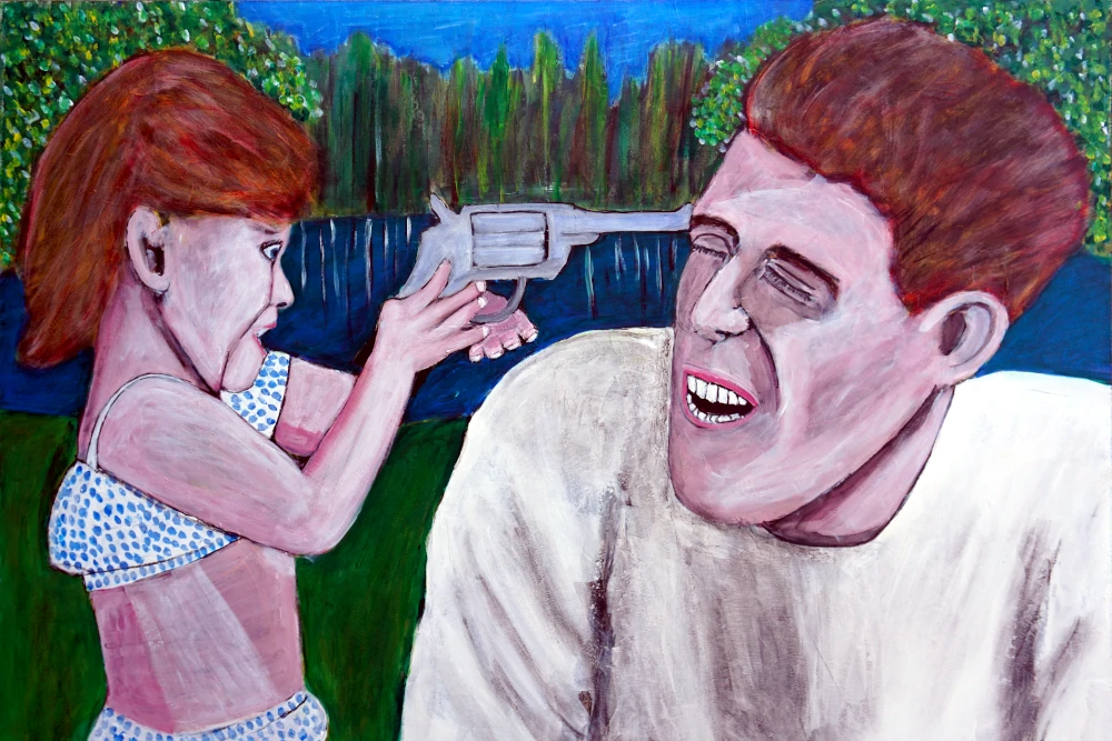 Painting of a child holding a toy gun against their father's head.