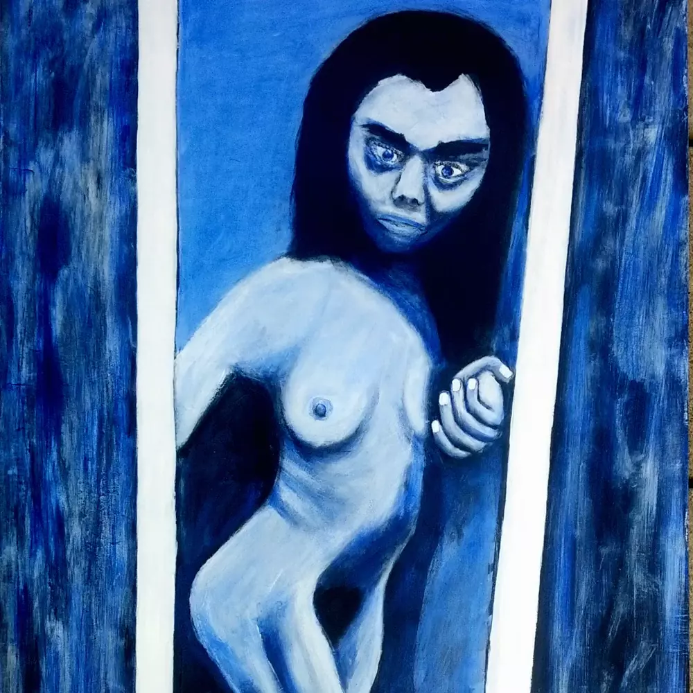 Painting by Chris Dale of naked women in dark doorway all in blue night blue with full black hair on head and crotch.