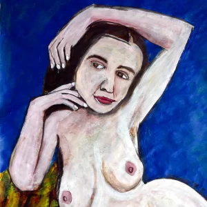 Erotica painting by Chris Dale of naked woman on bed with one arm here overhead.