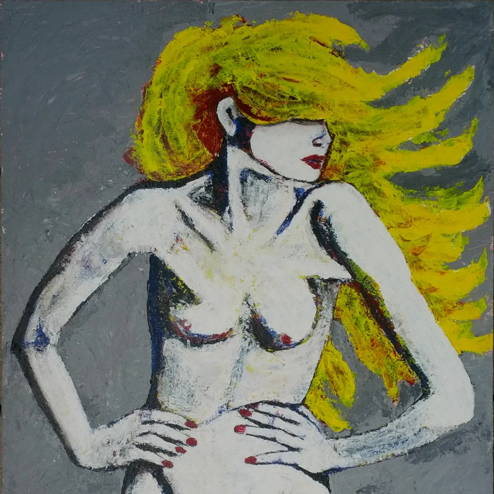 Painting by Chris Dale Dree Hemingway, standing naked wearing long black boots over here knees with a small strip of pubic hair above my vagina.