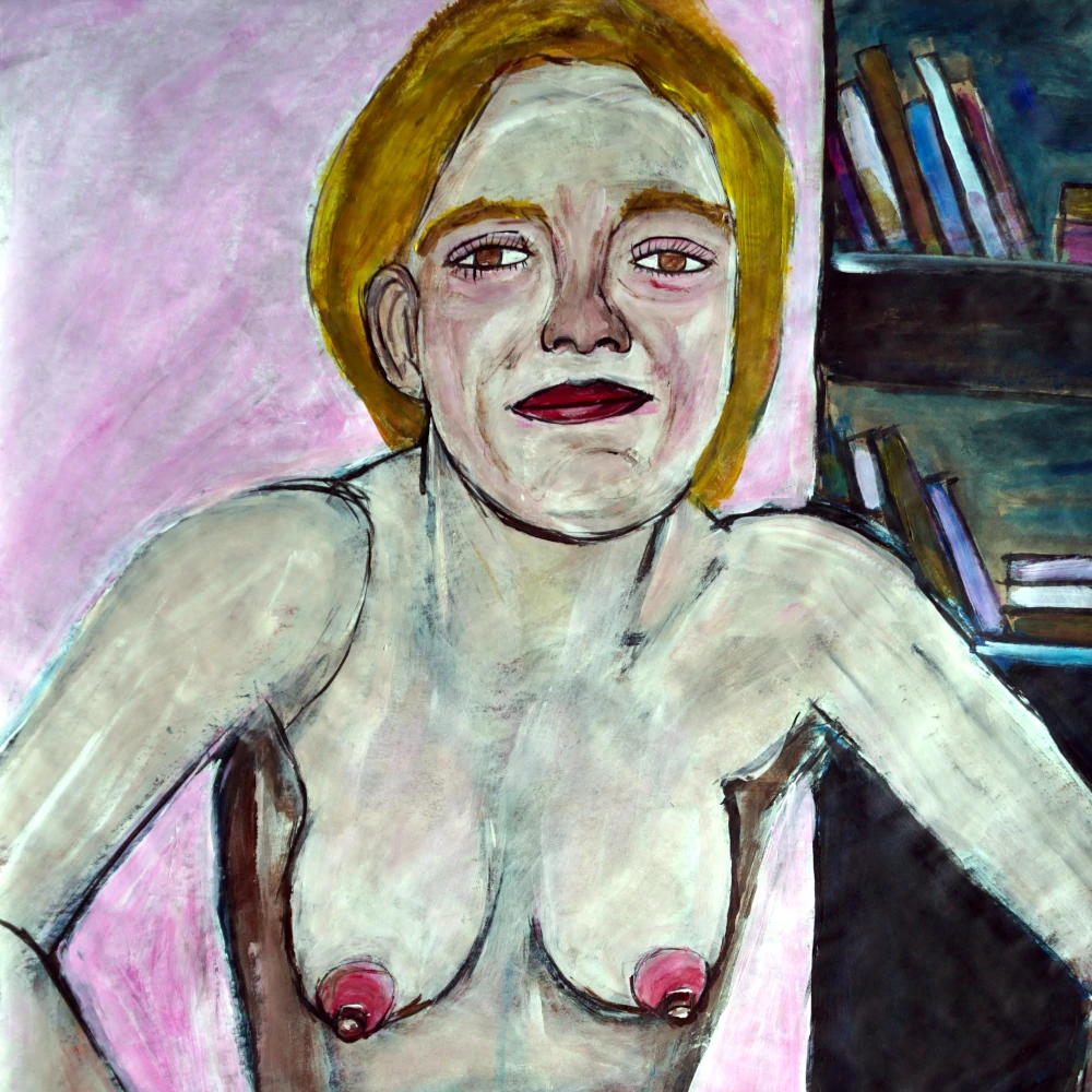 Painting by Chris Dale of woman on beds fully naked,  unafraid of her new-found sexual realization.