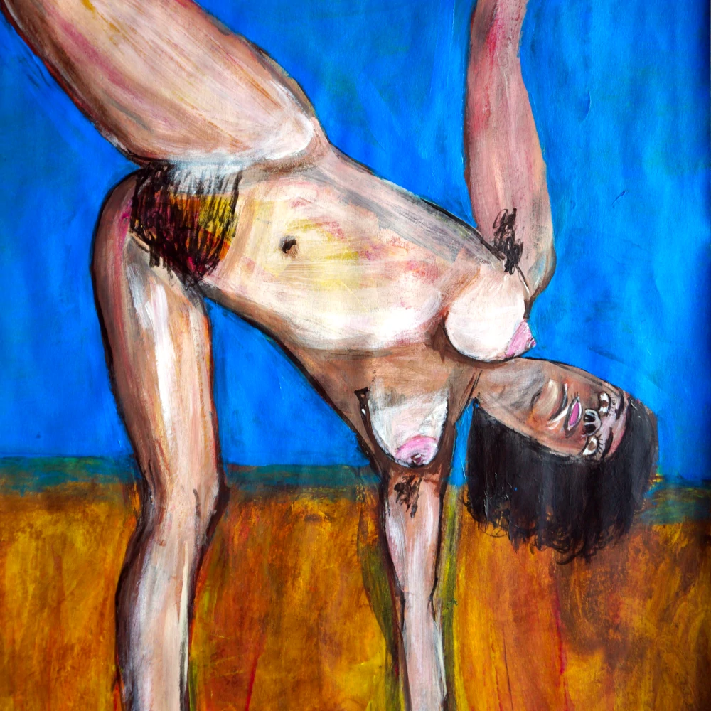 Painting by Chris Dale of a woman naked in the yoga position called Half Moon.
