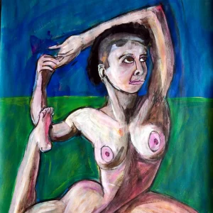 Painting by Chris Dale of a woman naked in the yoga position called King Pigeon.