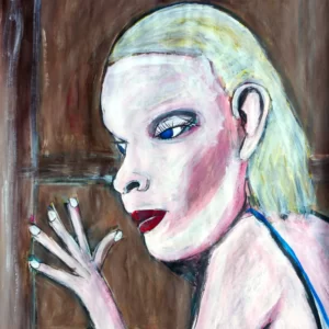 Painting by Chris Dale of a long face women with platinum blonde hair listening at a door.