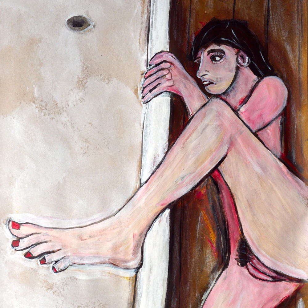 Painting by Chris Dale of naked woman lying on floor beside bathtub.