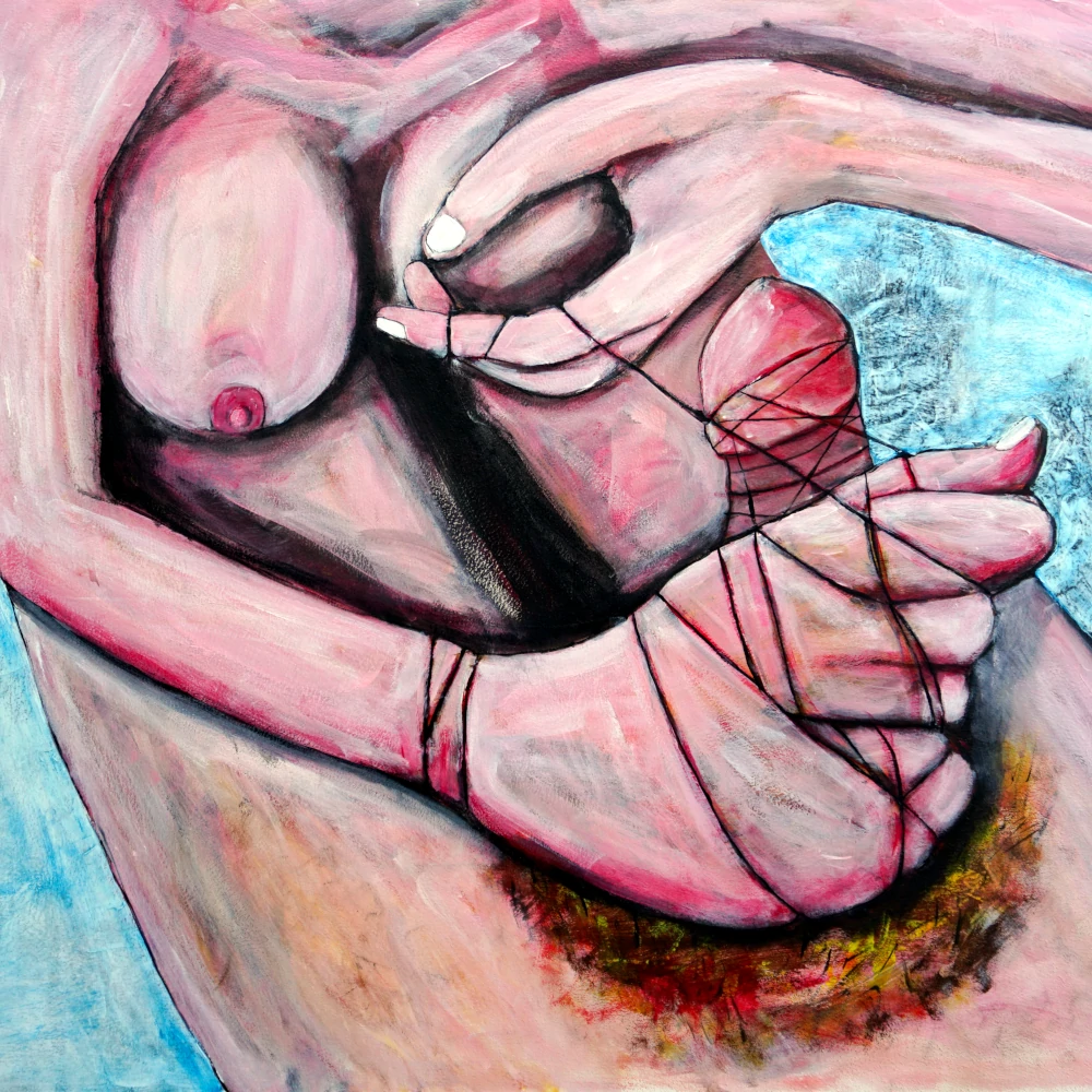 Painting by Chris Dale of a man's genitalia being wrapped with thick thread.