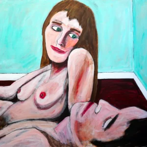 Painting by Chris Dale of a woman after awaking, sitting up in the beds looking at her lover laying the beside her asleep.