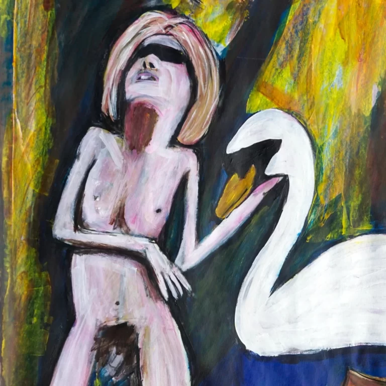 Painting by Chris Dale of Sandie Crisp standing beside swan, their polio disfigurement body contrasts the legendary beauty symbol.