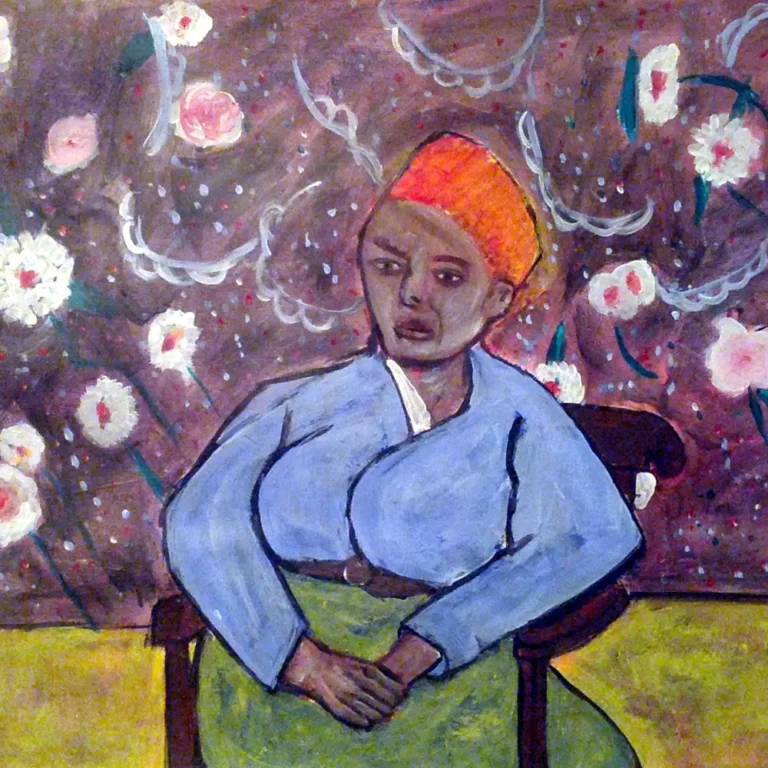 Painting by Chris Dale, a woman in a rocking chair a reinterpretation of La Berceuse by Vincent van Gogh.