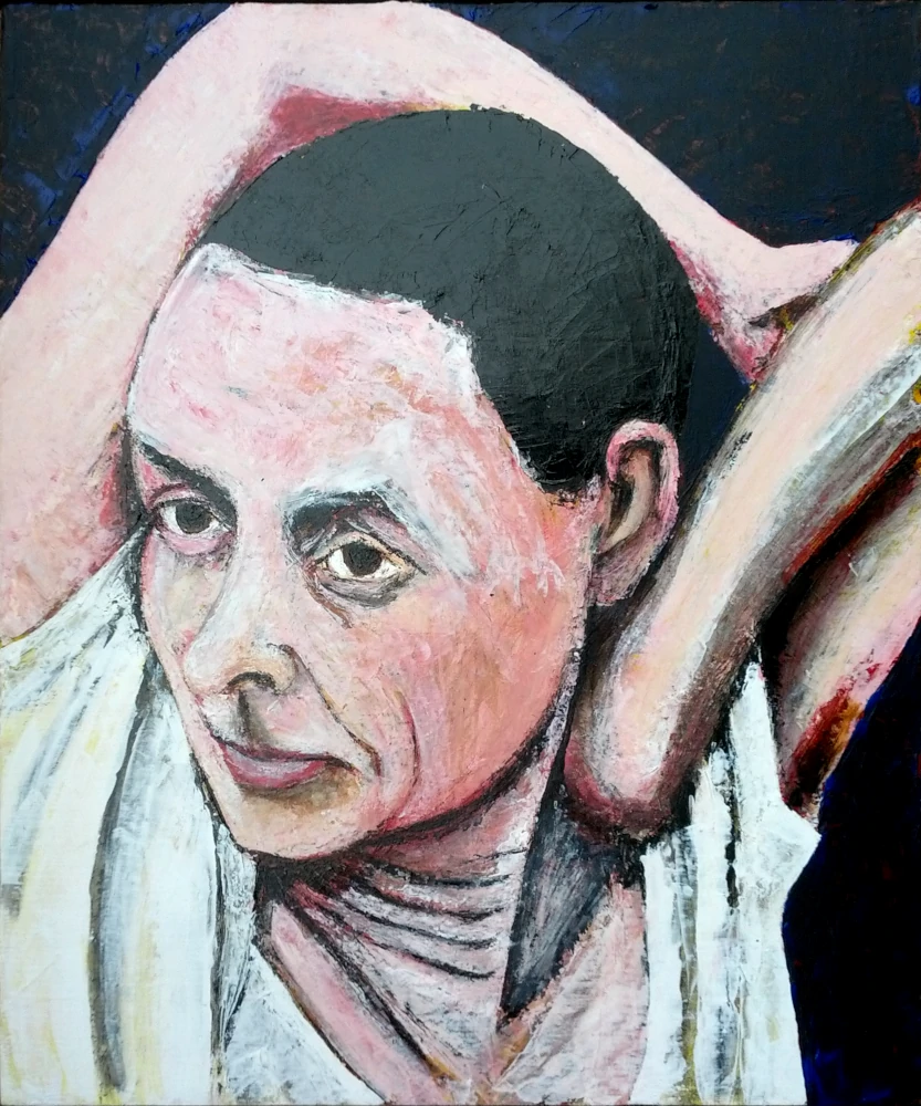 Painting by Chris Dale, Georgia O'Keeffe with arms about her head, based on an image taken by here husband Alfred Stieglitz.