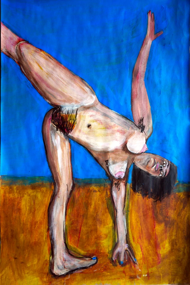 Painting by Chris Dale of a woman naked in the yoga position called Half Moon.