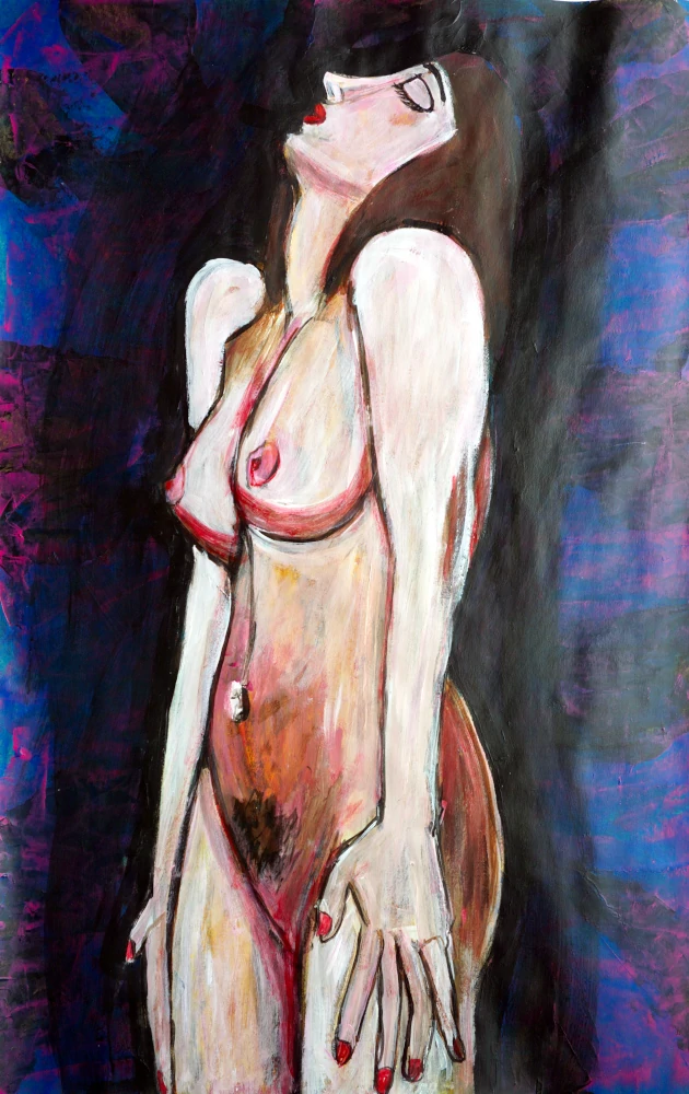 Painting by Chris Dale of naked woman standing with her face to the sky and her arms to her sides.