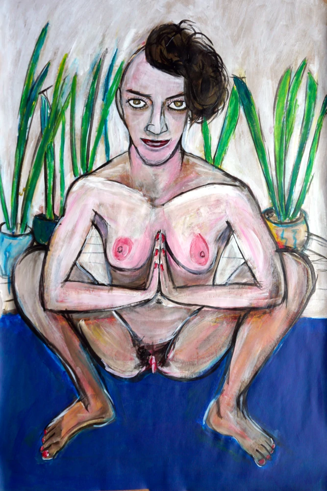 Painting by Chrid Dale of a person with their palms of the hands together in front of the chest and the feet set apart in a squatting pose.