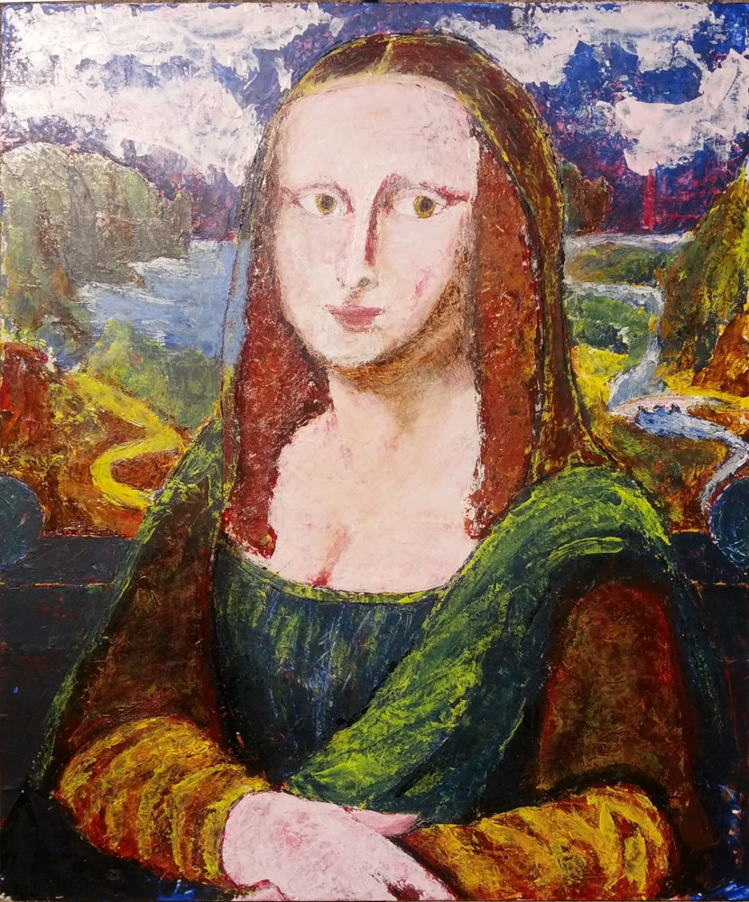 Painting by Chris Dale, of a woman sitting in front of a window, a reinterpretation of Mona Lisa by Leonardo da Vinci.