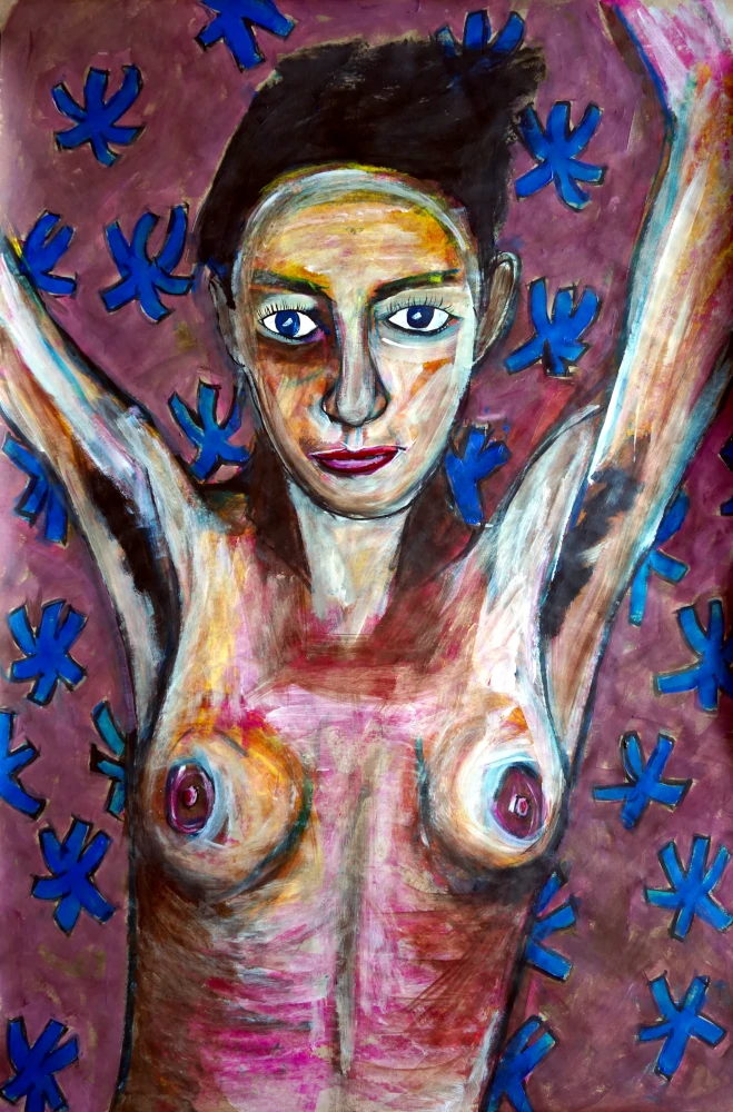 Painting by Chris Dale of Siobhan Liddell, naked torso with arms over head, exposing her unshaven armpits.