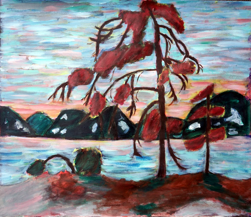 Painting by Chris Dale, of a pine tree, a Reinterpretation of The Jack Pine by Tom Thomson.
