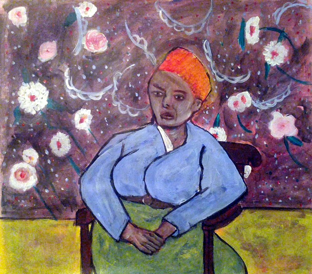 Painting by Chris Dale,  a woman in a rocking chair a reinterpretation of La Berceuse by Vincent van Gogh.