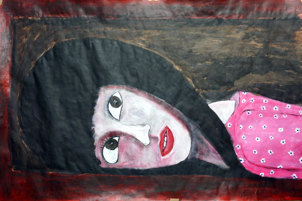 Painting by Chris Dale of a woman buried in a box  underground  with her eyes open.