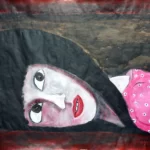 Painting by Chris Dale of a woman buried in a box  underground  with her eyes open.