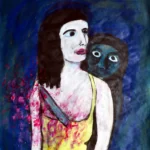 Painting by Chris Dale of a woman behind by a dark figure from behind.