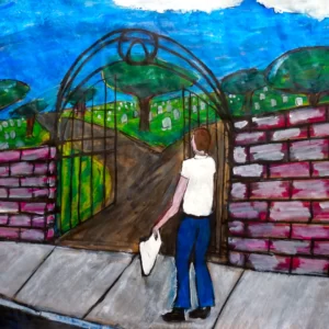 Painting by Chris Dale of a man walking past a graveyard, carrying in a white plastic bag.