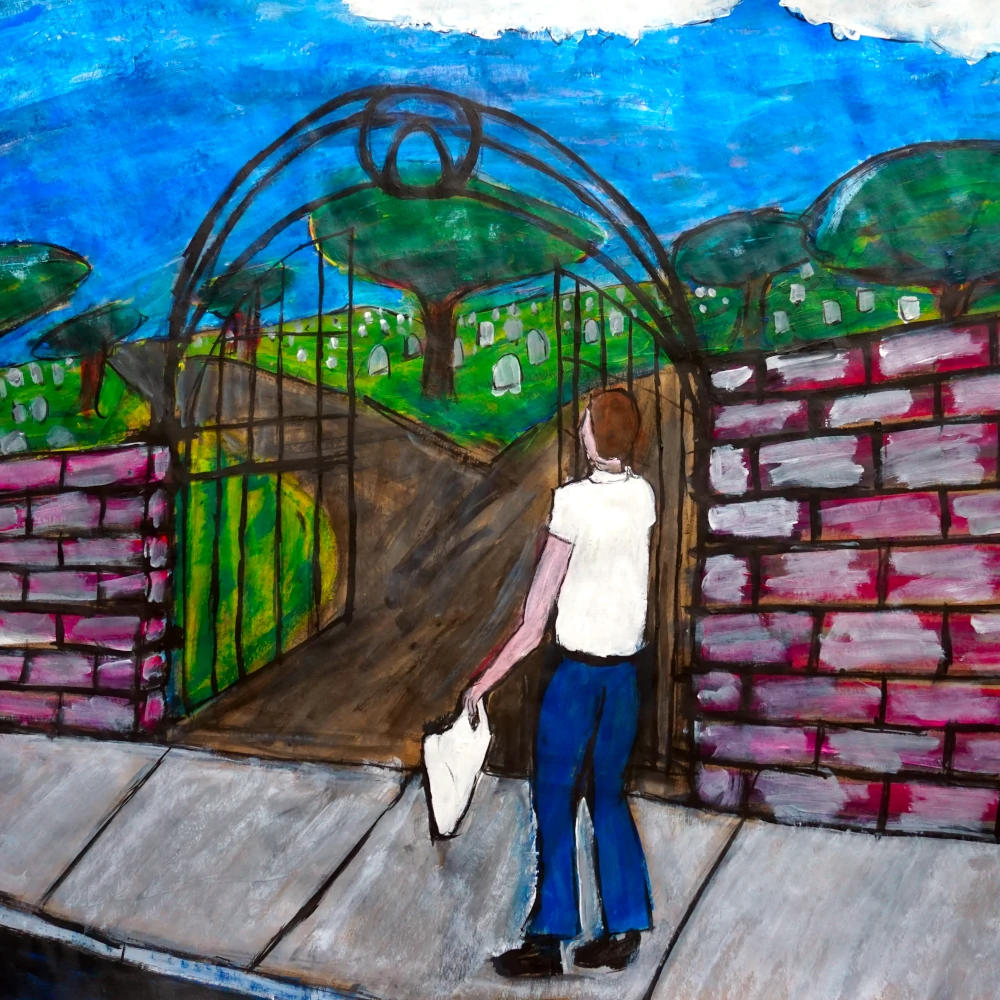 Painting by Chris Dale of a man walking past a graveyard, carrying in a white plastic bag.