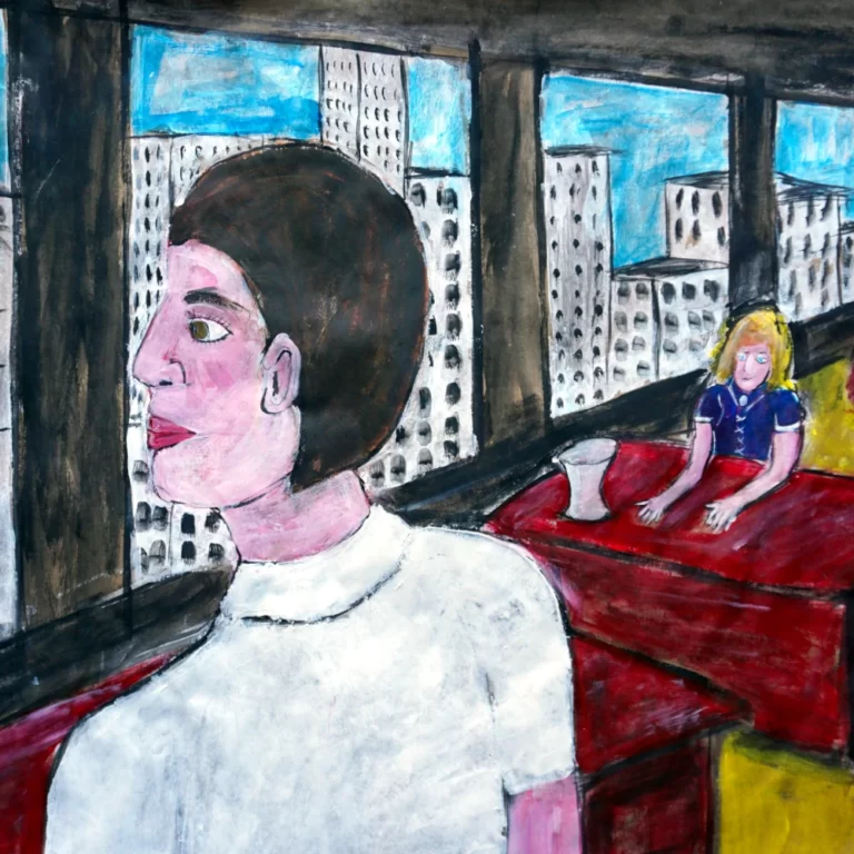 Painting by Chris Dale of a man looking out the windows of his office in a high building.